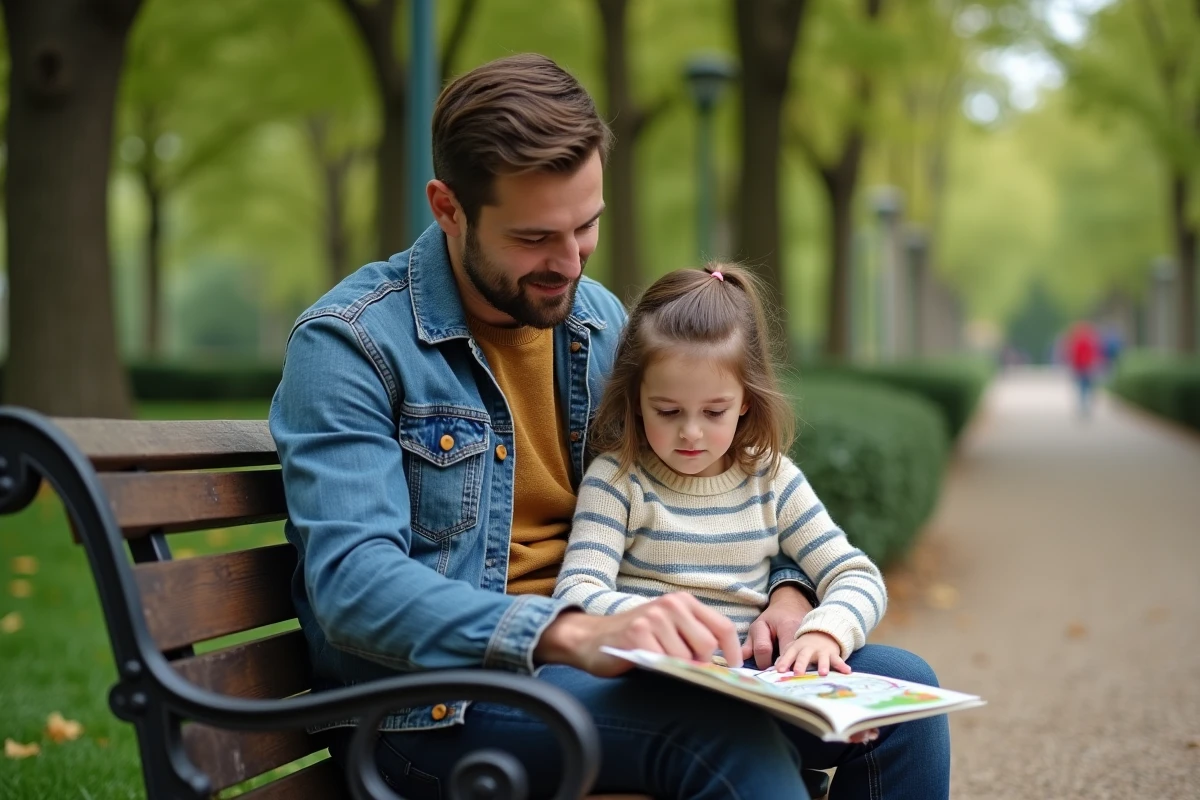 Père et fille de 4 ans assis dans un parc partageant un livre illustré, mettant en valeur la ressemblance physique héréditaire entre parents et enfant