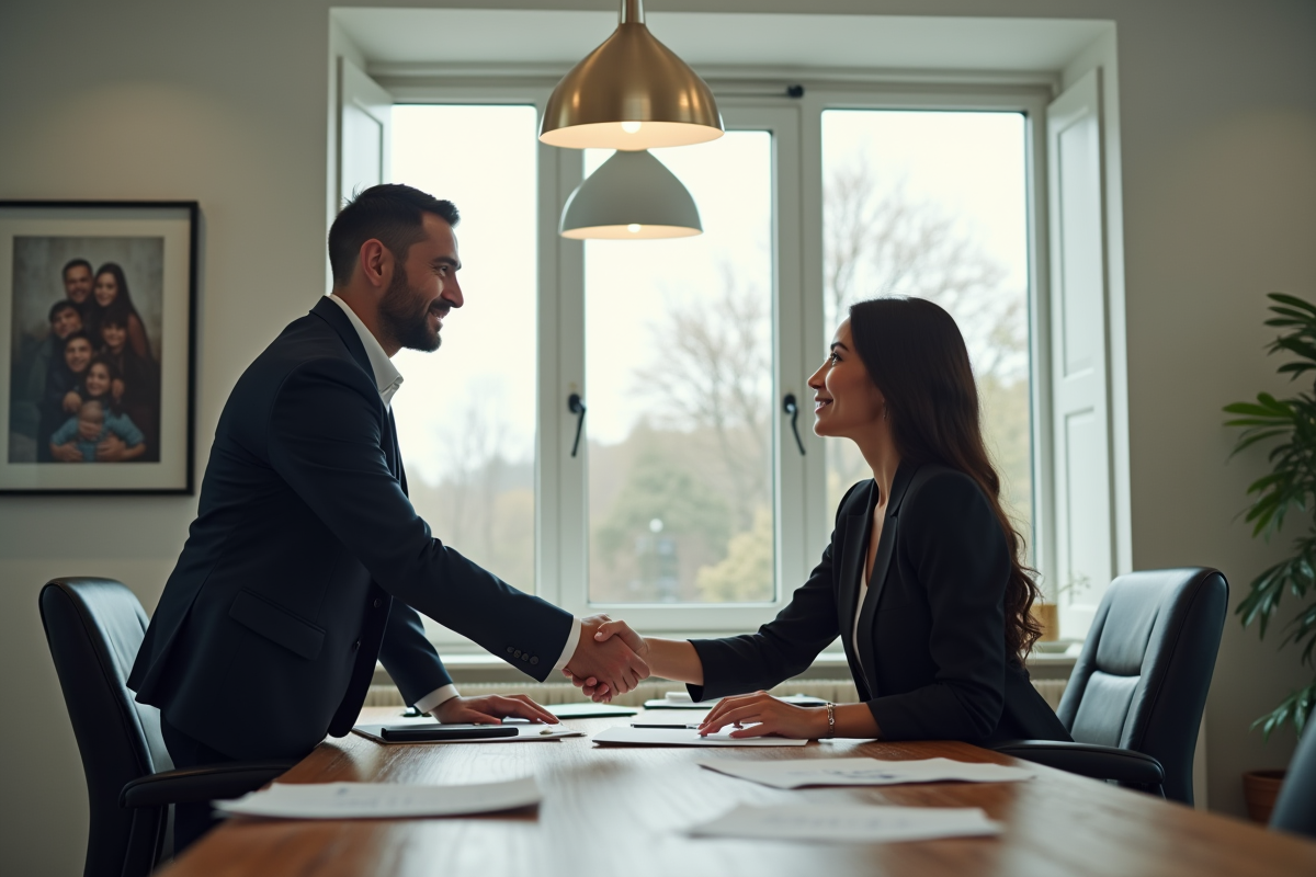 Deux professionnels se serrant la main dans un bureau lumineux