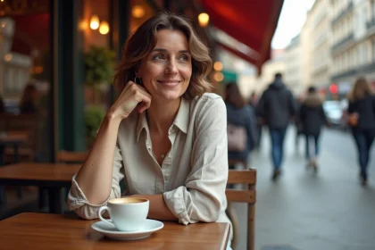 Femme songeuse attablée dans un café parisien, illustrant les rumeurs sur la vie amoureuse de Zaz