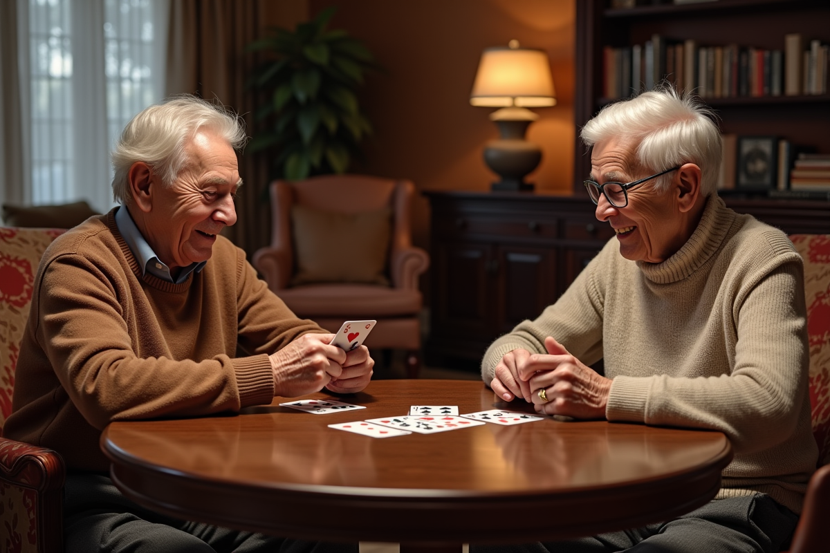 Un couple âgé joue à go fish dans un salon chaleureux