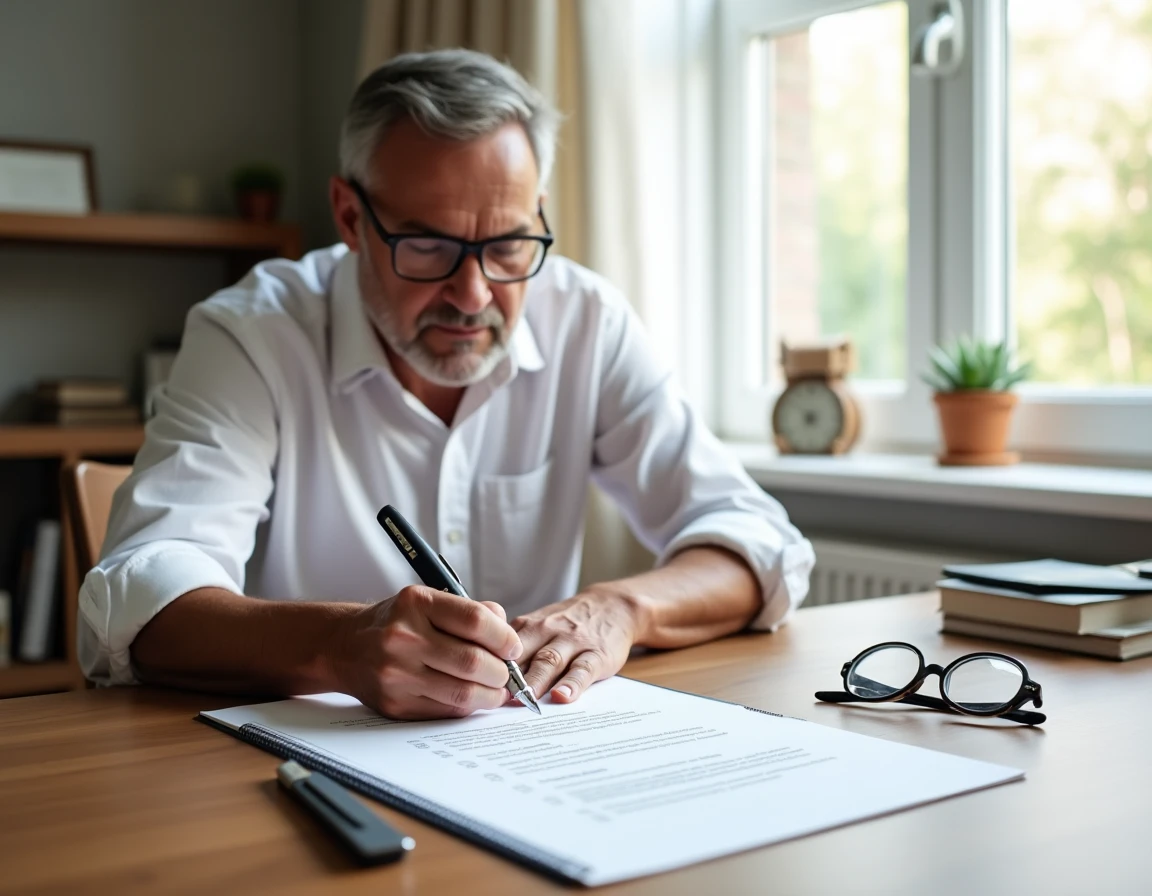 Chef d'entreprise signant les statuts constitutifs d'une société avec un stylo plume dans un bureau à domicile