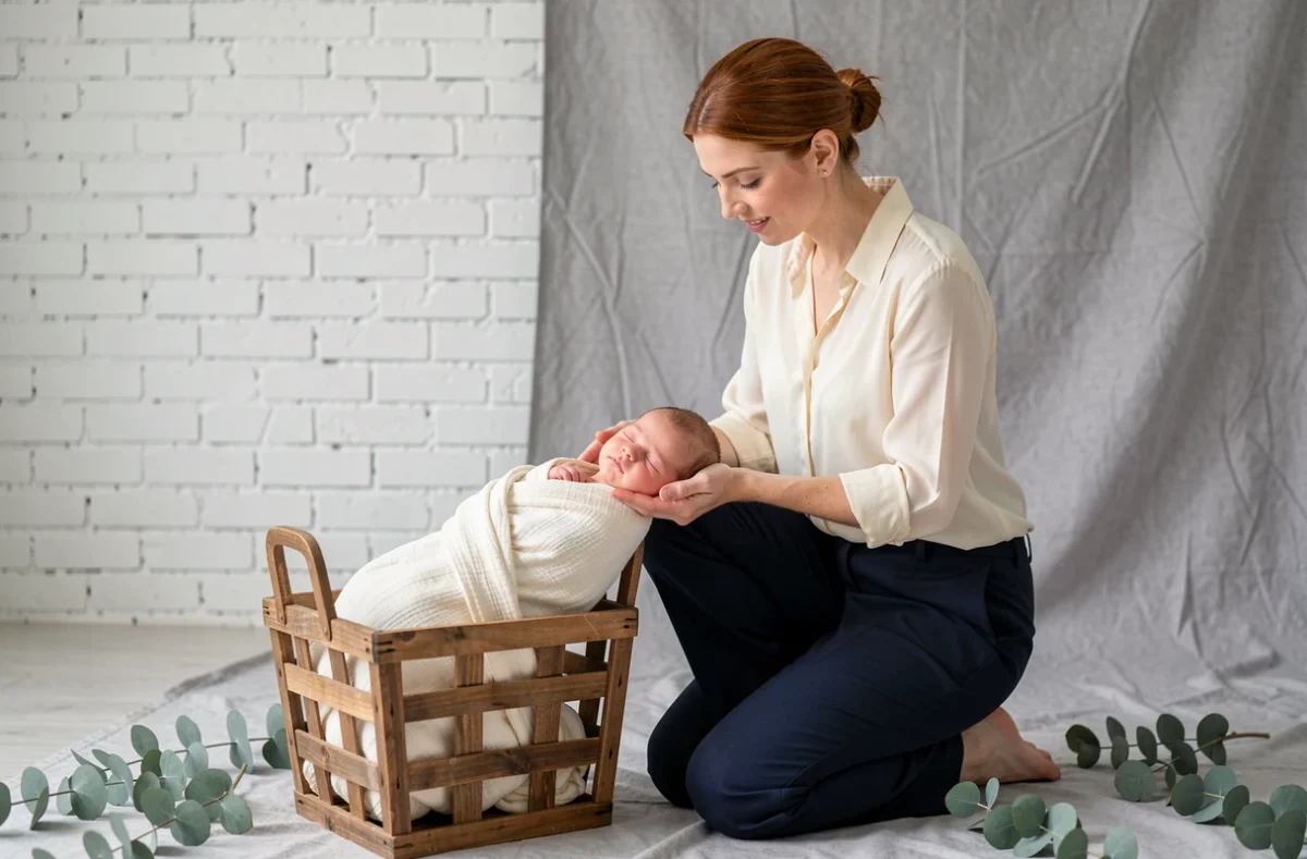Sophie Martz Photography : photographe posant avec un nouveau-né dans un studio minimaliste