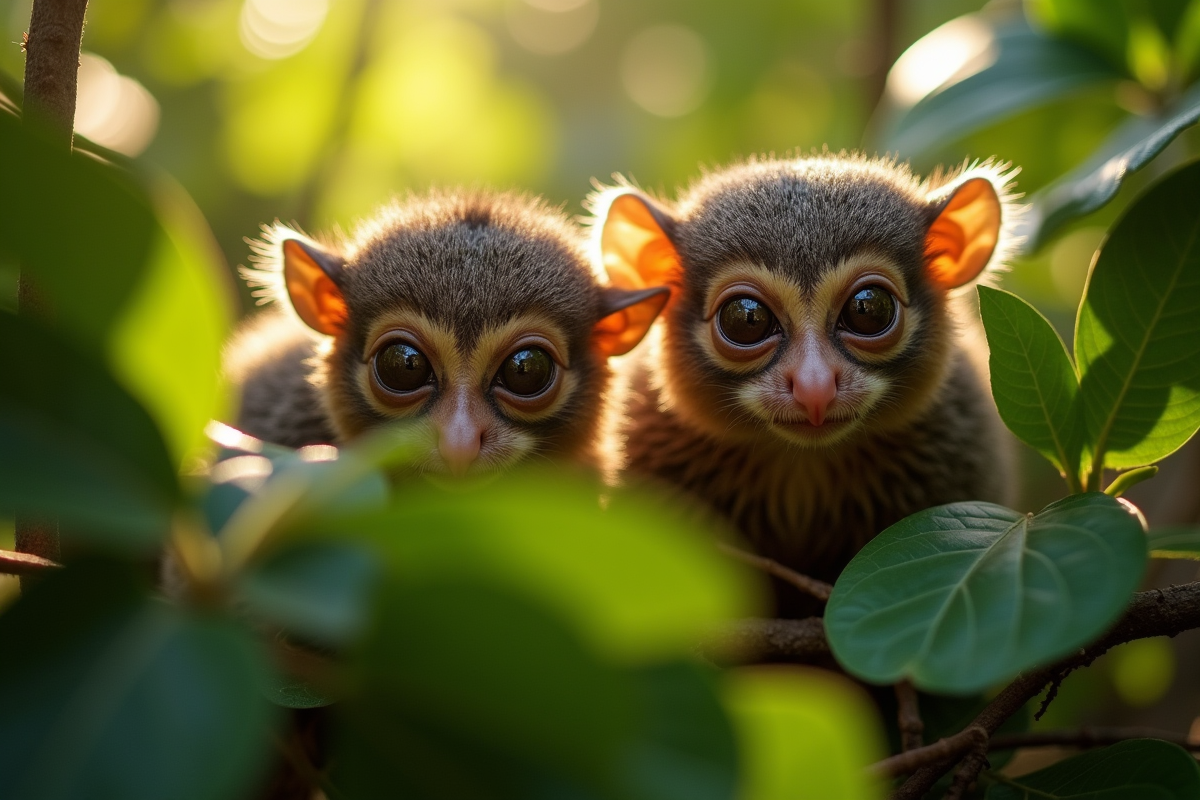 Deux tarsiers curieux regardant à travers le feuillage vert