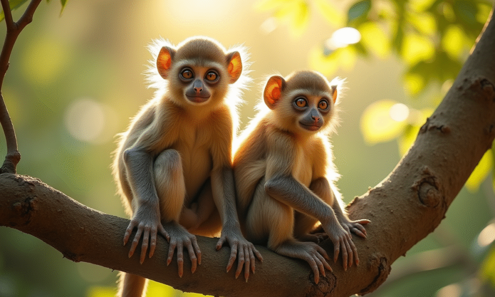 Deux tarsiers assis côte à côte sur une branche ensoleillée