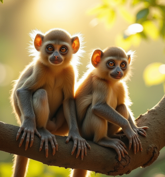 Deux tarsiers assis côte à côte sur une branche ensoleillée