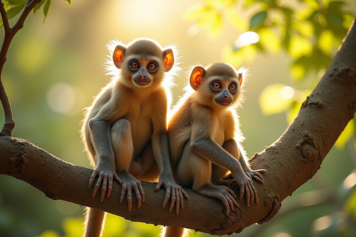Deux tarsiers assis côte à côte sur une branche ensoleillée