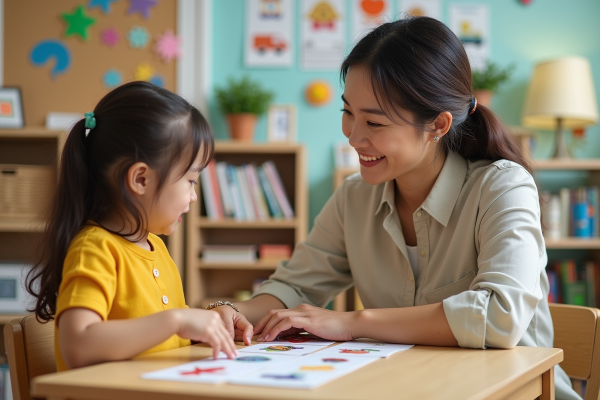Femme therapiste aidant une fille en classe