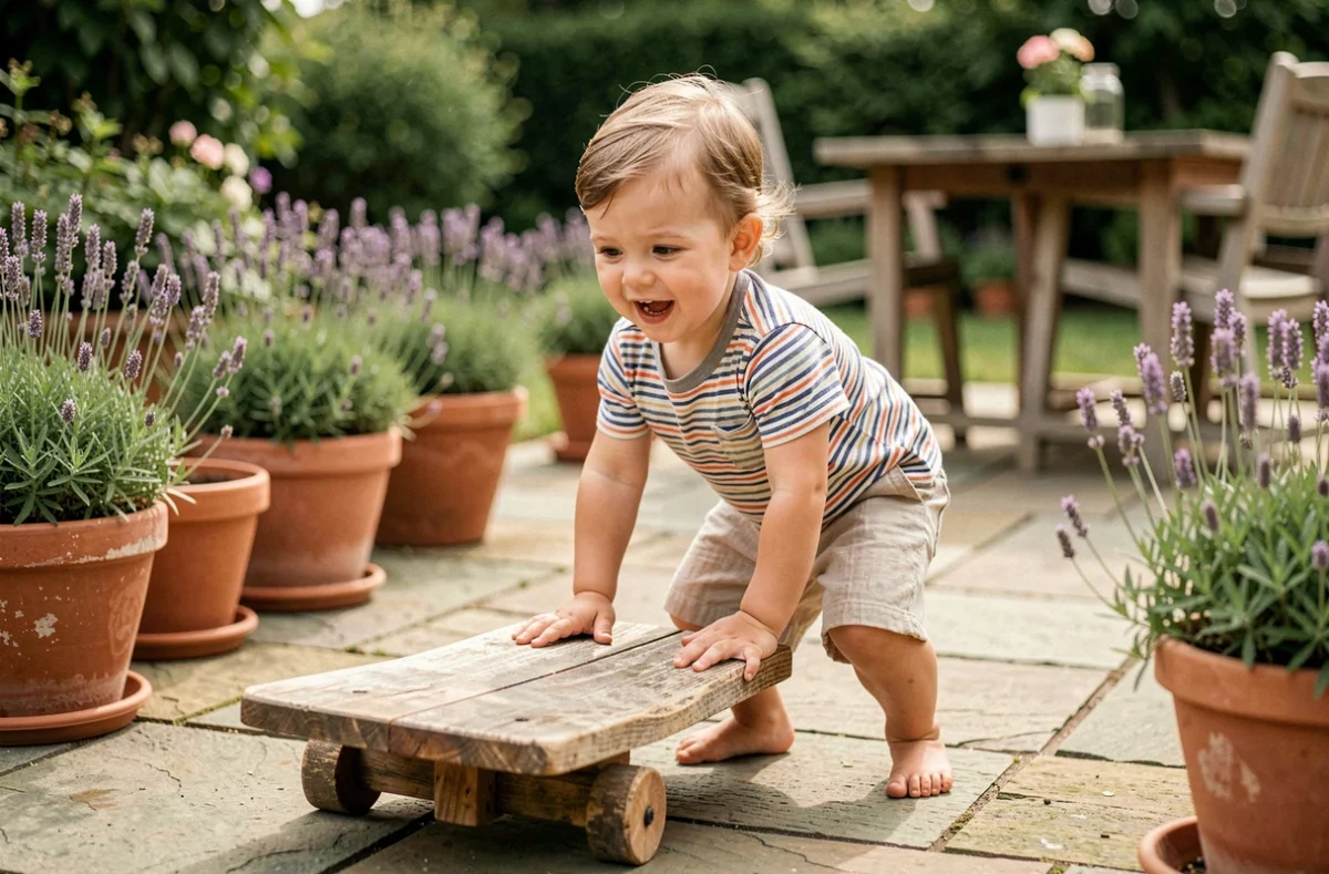 Tout-petit de 1 an qui s'équilibre sur une planche d'éveil en bois dans le jardin, activité motricité globale en extérieur
