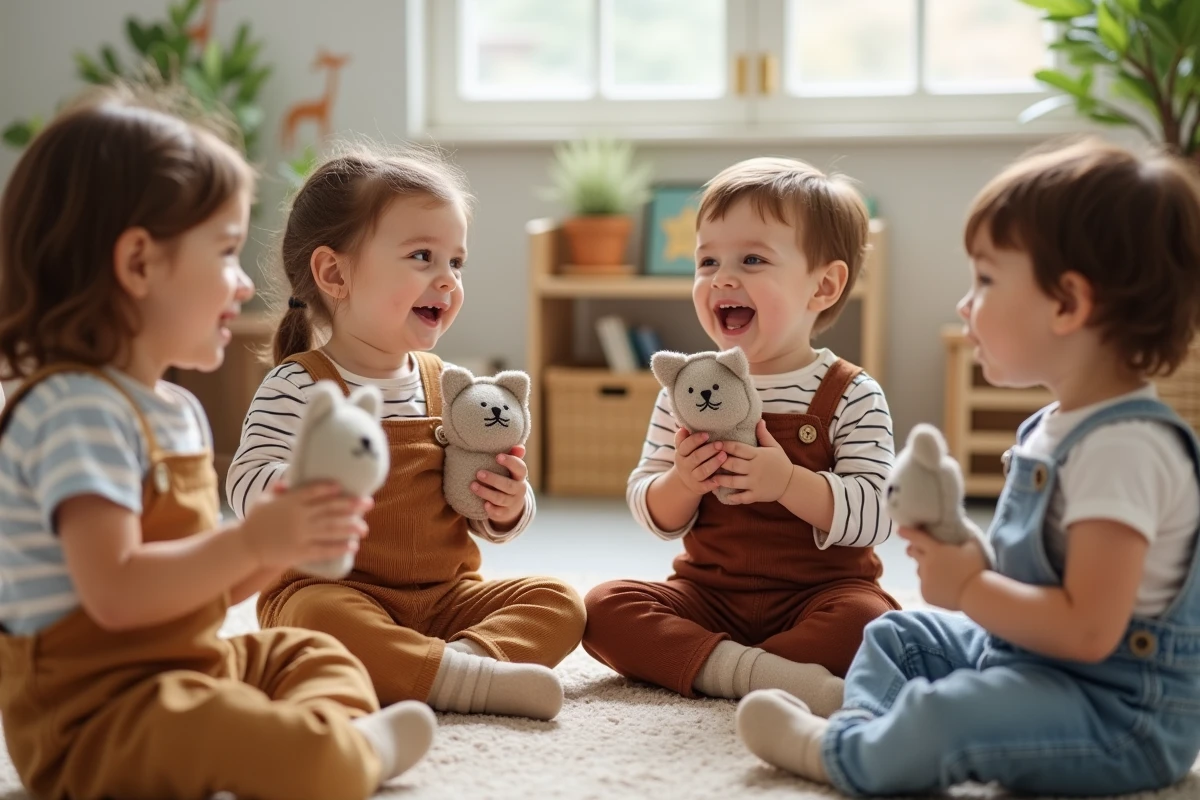Tout-petits en crèche jouant avec des marottes chats pendant la comptine Trois petits chats