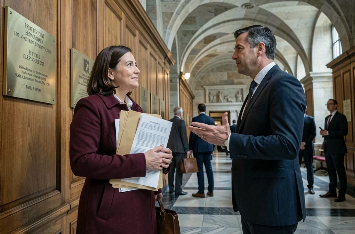 Une femme accompagnée de son avocat dans un couloir de tribunal pour invoquer l'article 220 du Code civil lors d'une procédure judiciaire