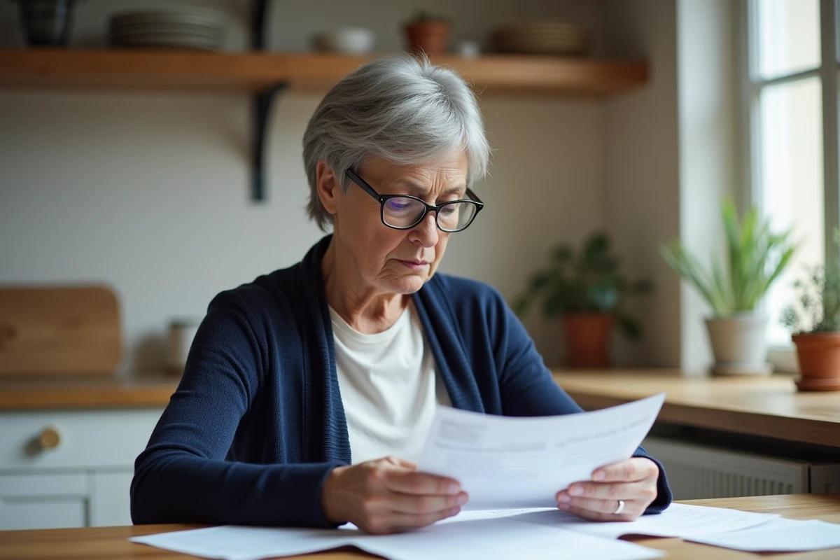 Tutrice familiale examinant des documents administratifs liés à la gestion d'un compte sous tutelle à la table de cuisine