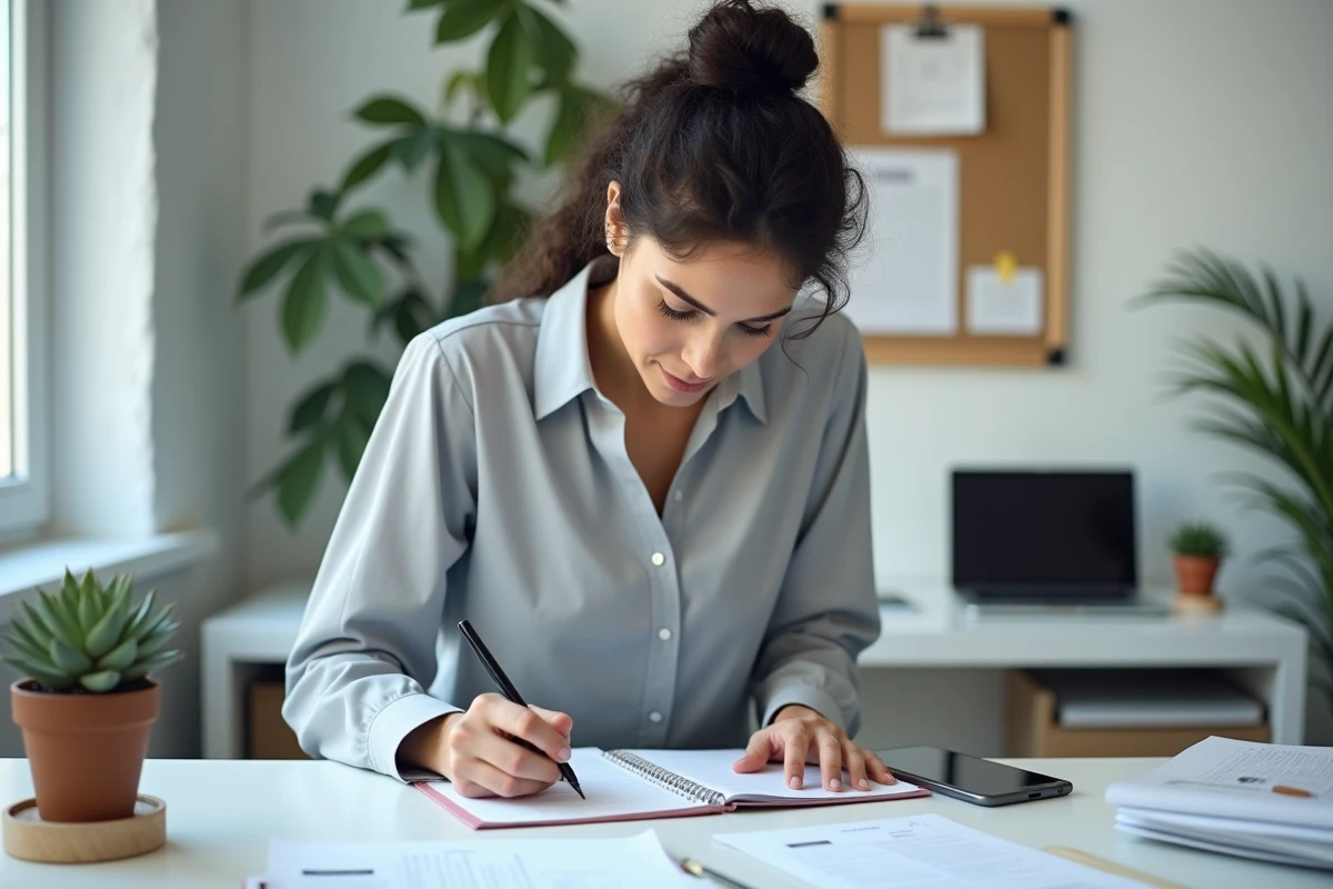 Une tutrice familiale prenant des notes administratives liées à la gestion d'un compte Proxima tutelle dans un bureau à domicile