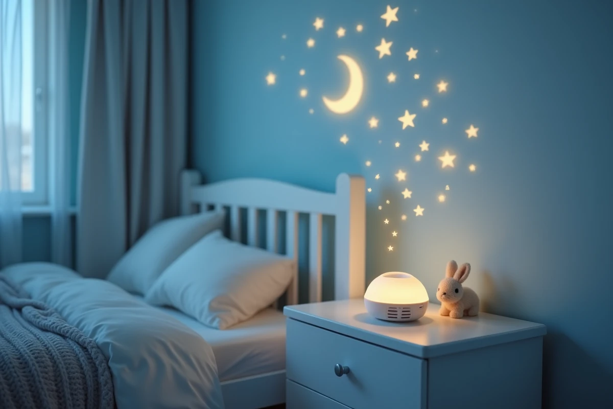 Veilleuse musicale avec projection d'étoiles posée sur une table de chevet dans une chambre de bébé apaisante
