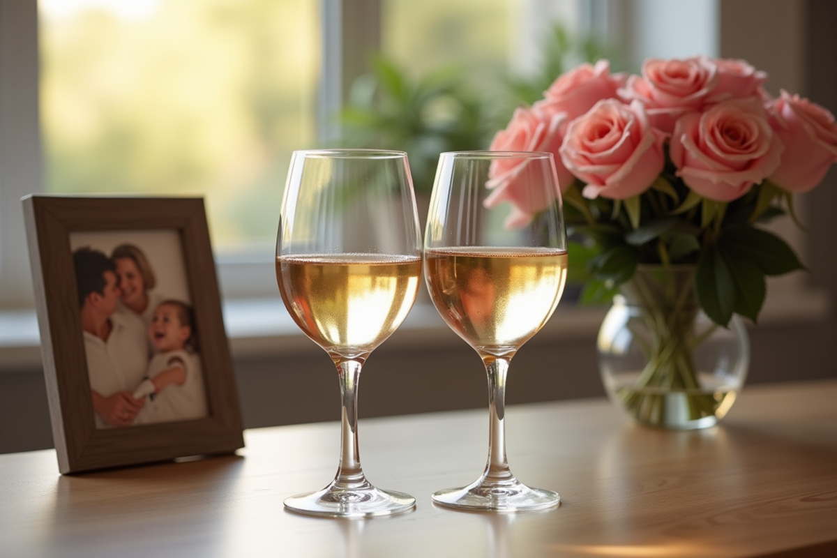 Verres de vin trinquant devant une photo de famille et des roses