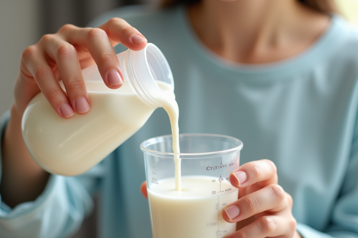 Mère versant 80 ml de lait dans un biberon avec une tasse de mesure